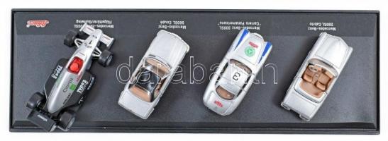 4 db klf Mercedes kisautó (fém és műanyag) modell 6-8 cm Műanyag tárlóban