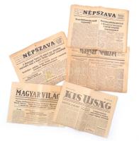 1956 Vegyes 1956-os újság tétel, 5 db:  Kis Újság 1956 nov. 1., szakadt, 4 p.; Népszava 1956. nov. 3., szakadt, 4 p.;  Magyar Világ 1956. nov. 3., I. évf. 3. sz., 4 p.;  Magyar Nemzet 1956. nov. 4., szakadt, 6 p.;  Népszava 1956. nov. 1.,szakadt, 4 p.