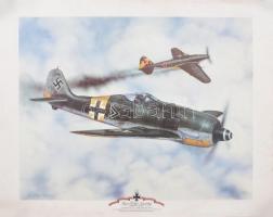 2 db II. világháborús harci repülőket ábrázoló nagy méretű jelzett grafika 40x50 cm