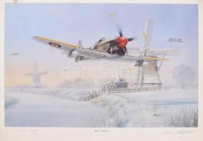 2 db II. világháborús harci repülőket ábrázoló nagy méretű jelzett grafika 40x50 cm