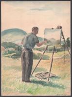 Sostarics Lajos (1896-1968): Festő tájképével, akvarell, papír, jelzett, 29×21,5 cm