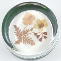 Üveg levélnehezék préselt virágokkal, kis kopásnyomokkal, d: 7 cm
