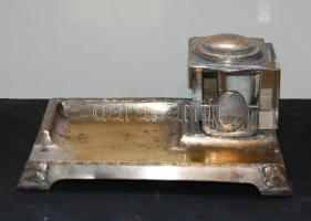 Antik alpakka asztali tintatartó kivehető üvegtömbbel és tintás csészével, viseltes állapotban