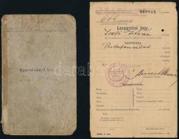1939-1940 Katona igazolványi lapja, benne leszerelési jeggyel, a M. Kir. Alsódabasi 5. Honvéd Kiegészítő Parancsnokság bélyegzéssel,