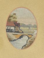 Tűgobelin kép, ovális paszpartuban, üvegezett keretben, képméret: 8,5×5,5 cm, keret: 19×16 cm