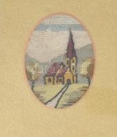 Tűgobelin kép, ovális paszpartuban, üvegezett keretben, képméret: 8,5×5,5 cm, keret: 19×16 cm