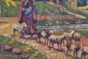 Jelzés nélkül: Pásztor bárányokkal. Olaj, karton. Dekoratív, kissé sérült fakeretben. 40×50 cm