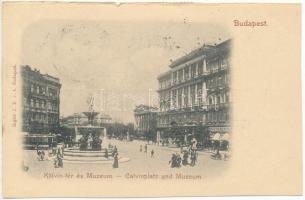 1901 Budapest VIII. Kálvin tér, Múzeum, gyógyszertár, szökőkút, villamos. Rigler J. E. rt. kiadása (kis szakadás / small tear)