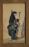 Jelzés nélküli vándort és fiát ábrázoló akvarell-karikatúra, üvegezett fa keretben (9,5 x 15,5cm)