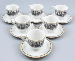 6 db Decobex jelszett teáscsésze, Balatonfüred, látványosságaival díszítve, matricás porcelán, kopásnyomokkal.