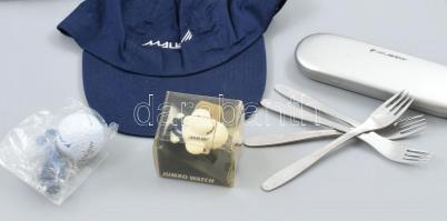 Malév gyűjtemény, toll, villa, póló xl, sapka, Jumbo óra, golflabda