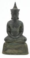 Ülő Buddha, fekete mázas terrakotta. 24 cm