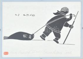 Henry Napartuk: Eskimo pulling seal. ofszet, papír, jelzett. keretben 24x18 cm