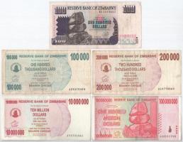 Zimbabwe 1995-2008. 100$-100.000.000$ (5xklf) T:III Zimbabwe 1995-2008. 100 Dollars - 100.000.000 Dollars (5xdiff) C:F