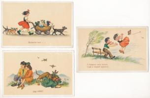 3 db régi grafikai képeslap, gyerekek, / 3 pre-1945 graphic motive cards, children