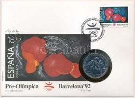 Kongói Demokratikus Köztársaság 1991. 100Fr acél "XXV. Nyári Olimpia 1992. Barcelona - Box" forgalomba nem került emlékkiadás felbélyegzett borítékban, bélyegzéssel, német nyelvű tájékoztatóval T:1 Democratic Republic of the Congo 1991. 100 Francs steel "XXV Summer Olympics 1992 Barcelona - Boxing" non-circulating commemorative coin in envelope with stamp, cancellation and a prospectus in german C:UNC