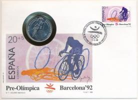 Laosz 1991. 10K acél "XXV. Nyári Olimpia 1992. Barcelona - Kerékpározás" forgalomba nem került emlékkiadás felbélyegzett borítékban, bélyegzéssel, német nyelvű tájékoztatóval T:1 Laos 1991. 10 Kip steel "XXV Summer Olympics 1992 Barcelona - Cycling" non-circulating commemorative coin in envelope with stamp, cancellation and a prospectus in german C:UNC