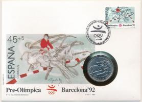 Szaharai Arab Demokratikus Köztársaság 1991. 100P acél XXV. Nyári Olimpia 1992. Barcelona - Lovaglás forgalomba nem került emlékkiadás felbélyegzett borítékban, bélyegzéssel, német nyelvű tájékoztatóval T:1 Sahrawi Arab Democratic Republic 1991. 100 Pesetas steel XXV Summer Olympics 1992 Barcelona - Horseback riding non-circulating commemorative coin in envelope with stamp, cancellation and a prospectus in german C:UNC