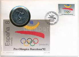 Gibraltár 1991. 1C Cu-Ni XXV. Nyári Olimpia 1992. Barcelona - Diszkoszvetés forgalomba nem került emlékkiadás felbélyegzett borítékban, bélyegzéssel, német nyelvű tájékoztatóval T:1 Gibraltar 1991. 1 Crown Cu-Ni XXV Summer Olympics 1992 Barcelona - Discus non-circulating commemorative coin in envelope with stamp, cancellation and a prospectus in german C:UNC