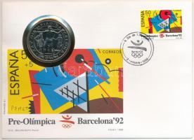 Gibraltár 1991. 1C Cu-Ni XXV. Nyári Olimpia 1992. Barcelona forgalomba nem került emlékkiadás felbélyegzett borítékban, bélyegzéssel, német nyelvű tájékoztatóval T:1 kis patina Gibraltar 1991. 1 Crown Cu-Ni XXV Summer Olympics 1992 Barcelona non-circulating commemorative coin in envelope with stamp, cancellation and a prospectus in german C:UNC small patina