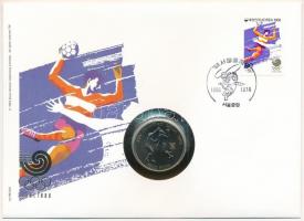 Dél-Korea 1988. 1000W Cu-Ni "XXIV. Nyári Olimpia 1988. Szöul - Kézilabda" forgalomba nem került emlékkiadás felbélyegzett borítékban, bélyegzéssel, német nyelvű tájékoztatóval T:1 patina South Korea 1988. 1000 Won Cu-Ni "XXIV Summer Olympics 1988 Seoul - Handball" non-circulating commemorative coin in envelope with stamp, cancellation and a prospectus in german C:UNC patina