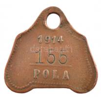 1914. Pola 1914 kétoldalas bronz kutyabárca 155 számmal. Pola (ma Pula) horvátországi város a tengerparton. T:2