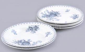 Sarreguemines Flore, francia tányérok, 4 db lapos, 2 db leveses tányér, jelzett, 1890-1900 körül, d: 24 cm. Minimális mázhibákkal.