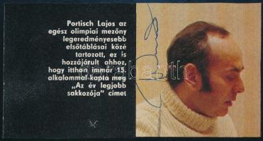 Portisch Lajos nemzetközi sakknagymester, világbajnok autográf aláírással ellátott újságkivágás 12x6 cm