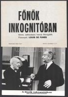 cca 1966 ,,Főnök inkongnitóban című francia filmvígjáték jelenetei és szereplői (köztük Louis de Funes), 7 db vintage produkciós filmfotó, a használatból eredő (esetleges) kisebb hibákkal, ezüst zselatinos fotópapíron, + hozzáadva egy szöveges kisplakát, 18x24 cm