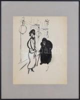 Göndör Bertalan (1908-1945): Hölgyek, 1923. Tus, papír, enyhén sérült, jelzett, üvegezett keretben, 34,5×27,5 cm