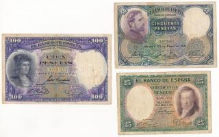 Spanyolország 1931. 25P + 50P + 100P T:III folt, kis szakadás Spain 1931. 25 Pesetas + 50 Pesetas + 100 Pesetas C:F spotted, small tear Krause P#81-83