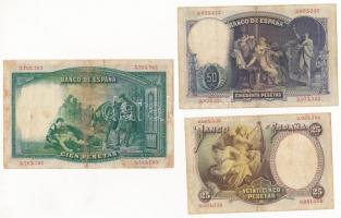Spanyolország 1931. 25P + 50P + 100P T:III folt, kis szakadás
Spain 1931. 25 Pesetas + 50 Pesetas +...