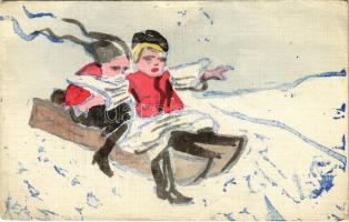 Téli sport, szánkózó gyerekek. Kézzel festett / Winter sport, sledding children. Hand-painted + A gyermekért javára Országos Gyermekegészségügyi Társaság (EK)
