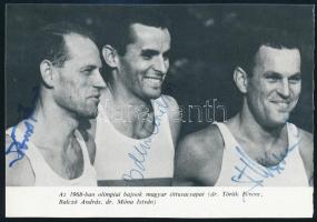 Magyar olimpiai bajnok sportolók autográf aláírásai őket ábrázoló kivágásokon: Németh Miklós, Kulcsá...