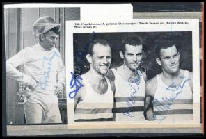Magyar olimpiai bajnok sportolók autográf aláírásai őket ábrázoló kivágásokon és bélyegen : Pézsa Ti...