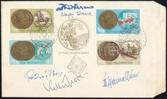 1964 Tokiói Olimpia FDC rajta magyar olimpikonok Nagy Imre, Török Ferenc, Hammerl László, Pézsa Tibor, autográf aláírásaival