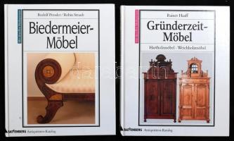 Battenberg Antiquitäten-Katalog 2 kötete:   Rudolf Pressler-Robin Straub: Biedermeier-Möbel. Német nyelven. Gazdag képanyaggal illusztrált.;   Rainer Haaff: Gründerzeit-Möbel. Hartholzmöbel. Weichholzmöbel. Német nyelven. Gazdag képanyaggal illusztrált.   Augsburg, 1994-1995., Battenberg. Kiadói kartonált papírkötés.