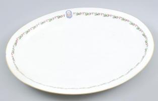 cca 1930 Vitézi rend jelvénnyel díszített Zsolnay sültes tál, matricás, jelzett, sérült / Zsolnay chinaware with the sign of the Vitez order, damaged, 36x26x3,5 cm