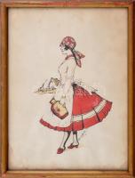 Buday Gyula jelzéssel: Lány korsóval. Akvarell, tus, papír. Foltos. Üvegezett, kopott fakeretben. 33x25 cm