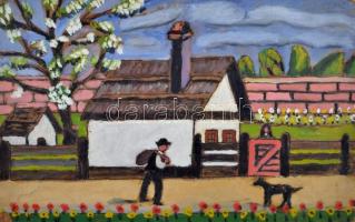 Nyergesi István (1900-1989): Kutya és gazdája. Olaj, farost, jelzett a hátoldalán, sérült. 27×42,5 cm