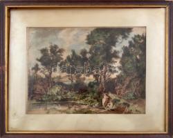 Hermann Lipót (1884-1972): Fürdőzők. Színezett rézkarc, papír, jelzett a karcon. Üvegezett fa keretben, 27,5x36,5 cm.