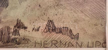 Hermann Lipót (1884-1972): Fürdőzők. Színezett rézkarc, papír, jelzett a karcon. Üvegezett fa keretb...