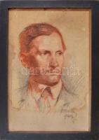 Ócsvár Rezső (1877-1968): Portré (önarckép?). Kréta, papír, jelzett, foltos, kissé sérült, kartonra kasírozva, vetemedett, fakeretben, 44×29 cm.