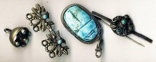 1900-as évek eleje ezüst foglalatú függő szkarabeusz bogár + 2 kitűző + függő