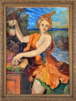 Jelzés nélkül: Lány almával (erotikus kép). Akvarell, papír. Üvegezett, dekoratív, kissé sérült fakeretben. 80x60 cm