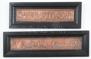 2 db réz relief, ón alapon antik jelenetekkel. 31x5,5 cm, 26x5,5 cm Fa keretben- XIX. sz.