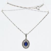 Ezüst(Ag) csavart nyaklánc kék köves ovális medállal, jelzett, h: 36 cm, bruttó: 4,8 g