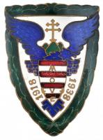 1938. "MOVE (Magyar Országos Véderő Egylet) 1918-1938" zománcozott bronz jelvény hátoldalon rögzítőpánttal, "LUDVIG BP" gyártói jelzéssel (57,5x42mm) T:2 zománchiba, pajzs alsó részén kis hajlás