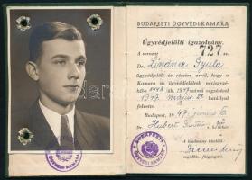 1947 Bp., Budapesti Ügyvédi Kamara által kiállított fényképes ügyvédjelölti igazolvány