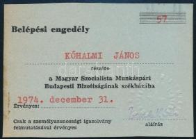 1974 Belépési engedély az MSZMP budapesti székházába